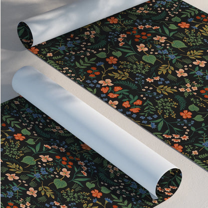 Roll of floral-patterned paper with a dark background. Black floral peel-and-stick wallpaper roll, 40 x 120 cm, waterproof and moisture-proof wall covering for stylish home decoration