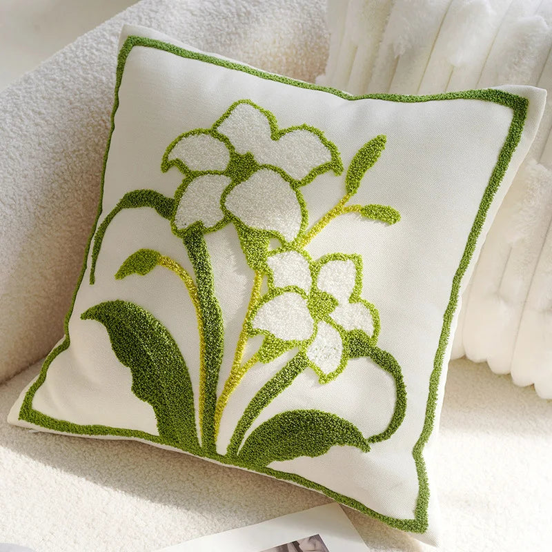 Decorative pillow with floral embroidery on a soft surface boho home decor, housewarming gift, embroidered pillow cover, flying bird cushion, animal pattern pillowcase, decorative throw pillow, Nordic cushion cover, luxury boho accent, sofa decor, nature-inspired pillow, canvas cushion case, textured home accessories