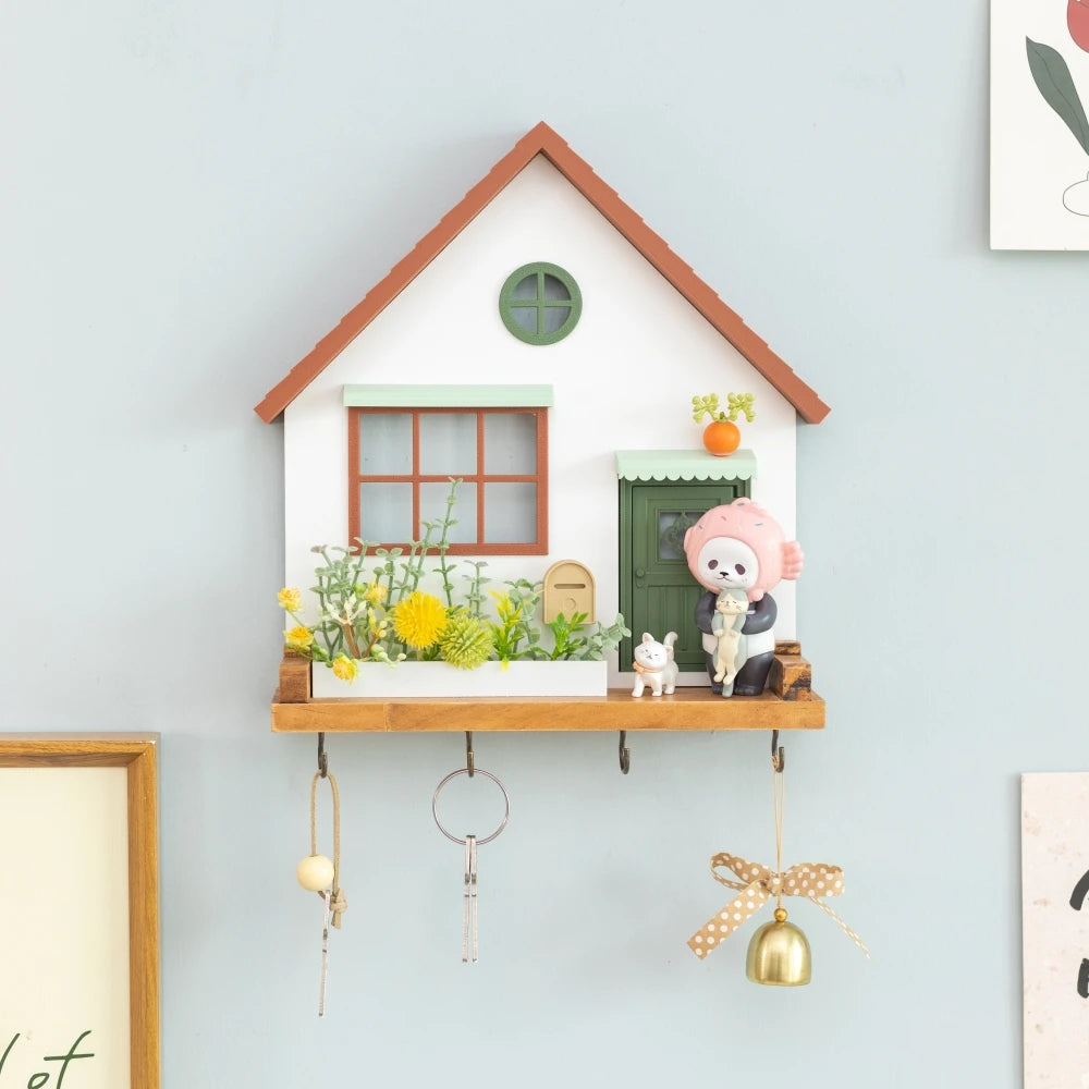 🏡 Fairytale Town Wall Hook Rack – Boho Wooden Key Holder & Decorative Village Scene Organizer
