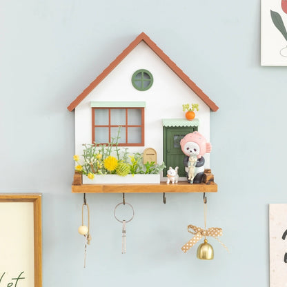 🏡 Fairytale Town Wall Hook Rack – Boho Wooden Key Holder & Decorative Village Scene Organizer