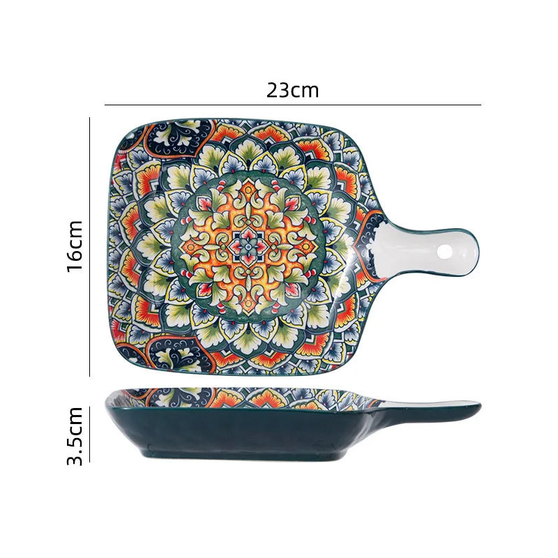 Boho Floral Green Ceramic Plate or Bowl – Retro Dinnerware for Breakfast, Salad, or Soup