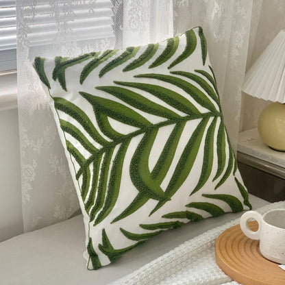 🌿 Green Leaf & Sunflower Embroidered Pillow Cover – 18 x 18 inches Boho Modern Cushion Cover for Sofa, Chair, or Car