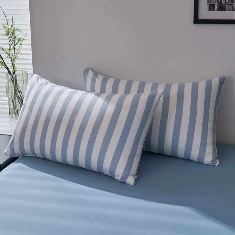 Blue Boho Striped Microfiber Bedding Set – 4-Piece Soft & Cozy Duvet Cover Set with Pillowcases & Flat Sheet