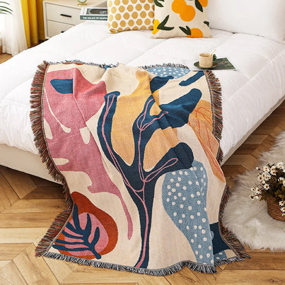 Boho Tassel Throw Blanket Abstract Leaves