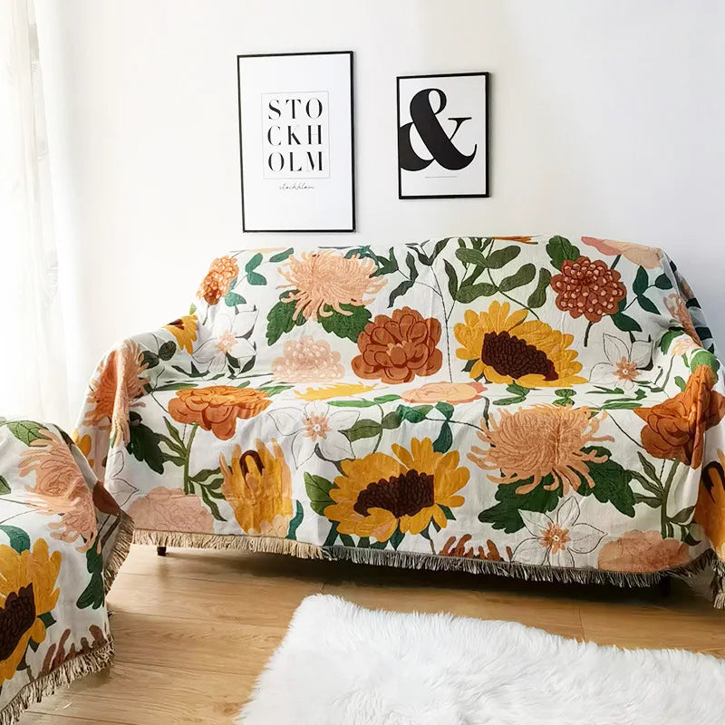 Floral Sunflower Yarn Dyed Throw Blanket for Sofa Couch Bed Blankets Picnic Mat Art Decor Tapestry Home Boho