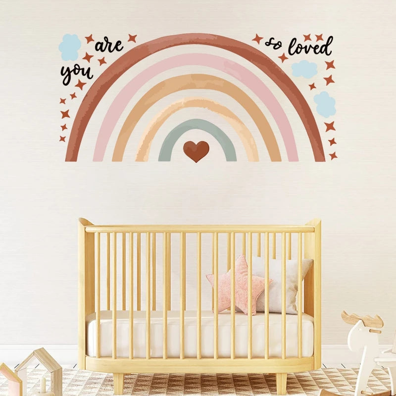 Boho Large Rainbow Beige Pink Watercolor Wall Sticker Vinyl DIY Removable Wall Decals Nursery Girls Room Playroom Home Decor Flowers Clouds Butterflies Hearts