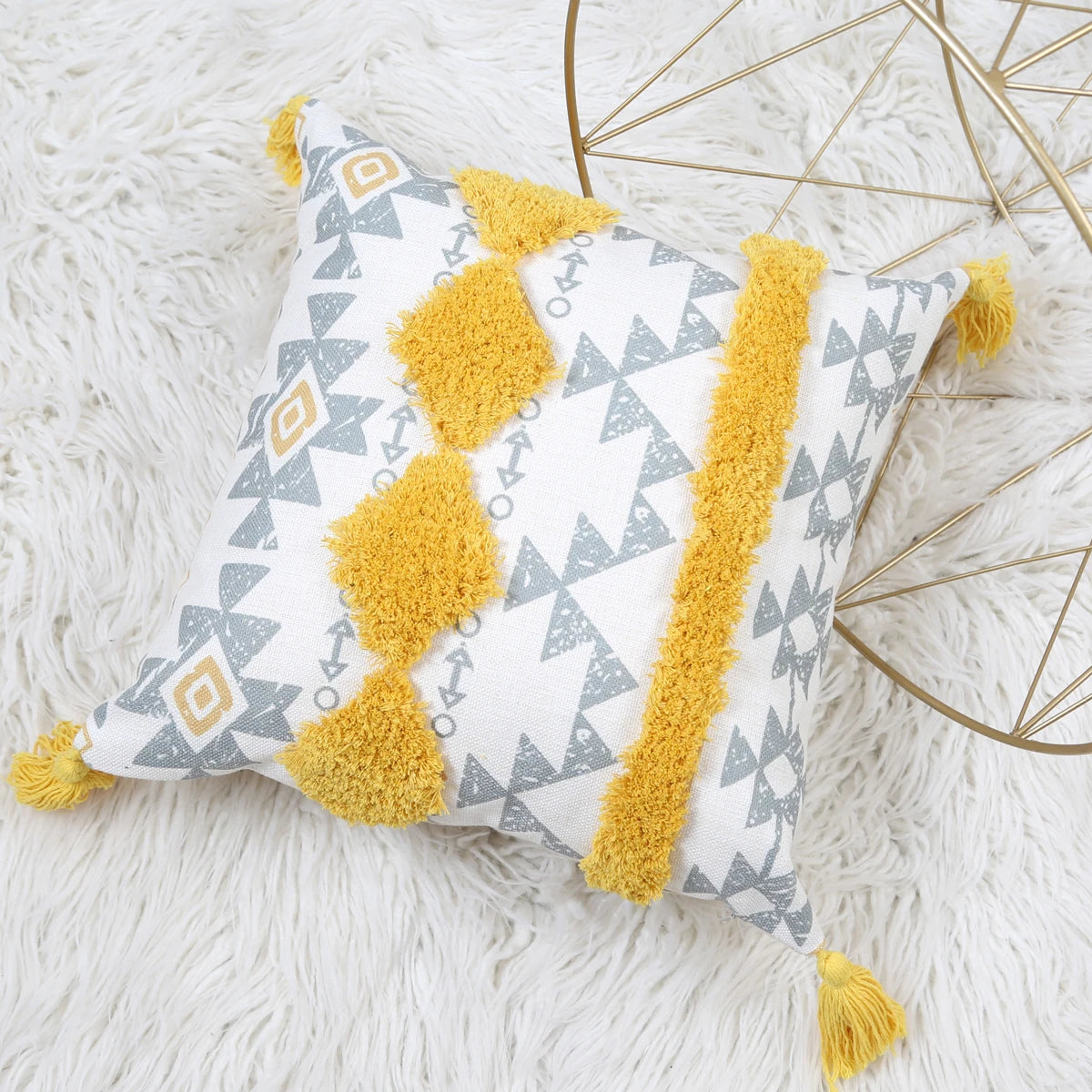 Yellow Geometric Tufted Throw Pillow Cover with Tassels – 18x18in Boho Home Decor Accent for Couch, Sofa & Bed Housewarming Gift