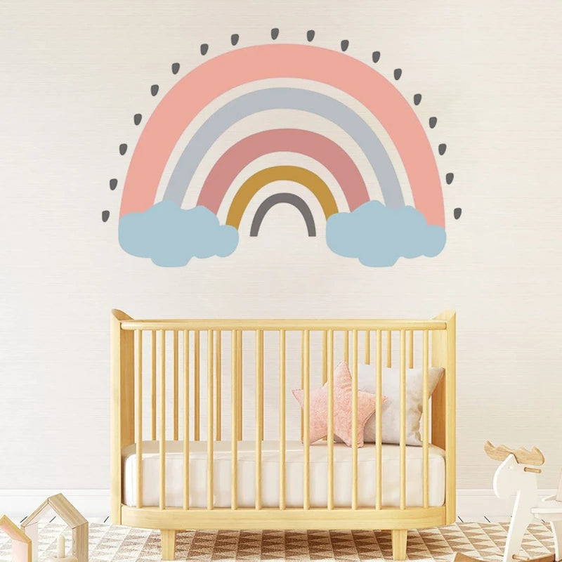 Boho Large Rainbow Beige Pink Watercolor Wall Sticker Vinyl DIY Removable Wall Decals Nursery Girls Room Playroom Home Decor Flowers Clouds Butterflies Hearts