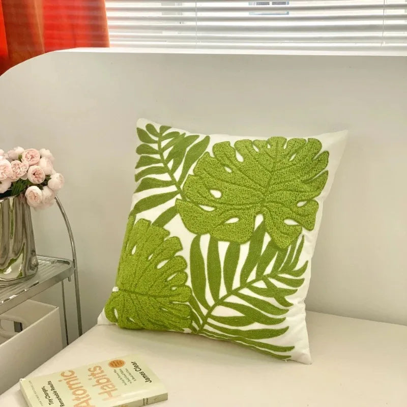 Flower Embroidered Plush Throw Pillow Cover – Minimalist Boho Cushion for Sofa, Bed, or Chair | 18x18 Inch | Garden-Inspired Housewarming Gift