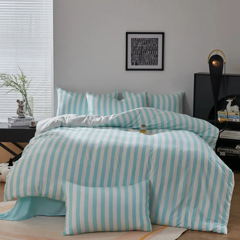 Blue Boho Striped Microfiber Bedding Set – 4-Piece Soft & Cozy Duvet Cover Set with Pillowcases & Flat Sheet