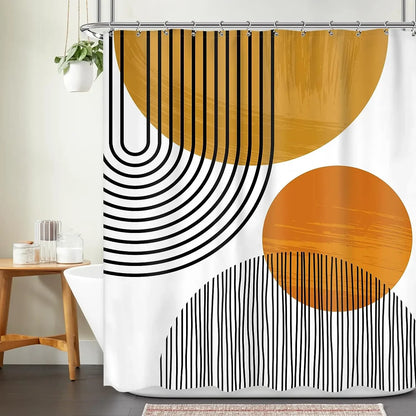 Abstract Bohemian Shower Curtain Arch Sun Moon Phases Boho Leaf Modern Minimalist aesthetic line geometric decorative Bathroom Home Decor Cat Leaves Mountains Outdoors