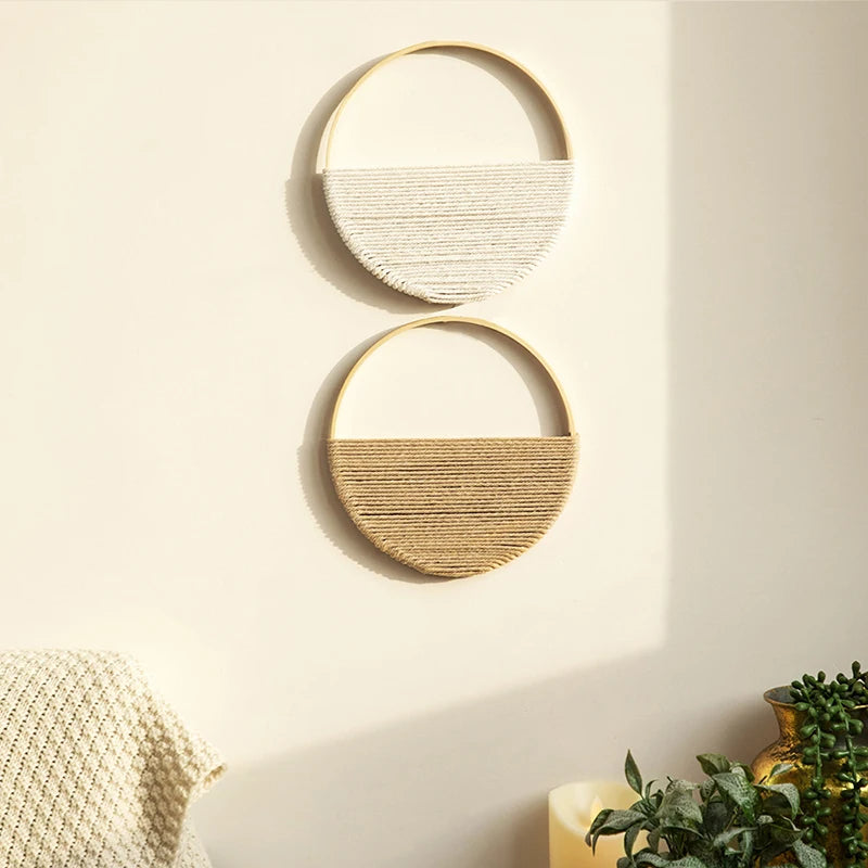 2Pcs Hand Woven Bohemian Wall Hanging Circular Wooden Cotton Rope Wall Decor Art Chic Bedroom Living Room Tapestries