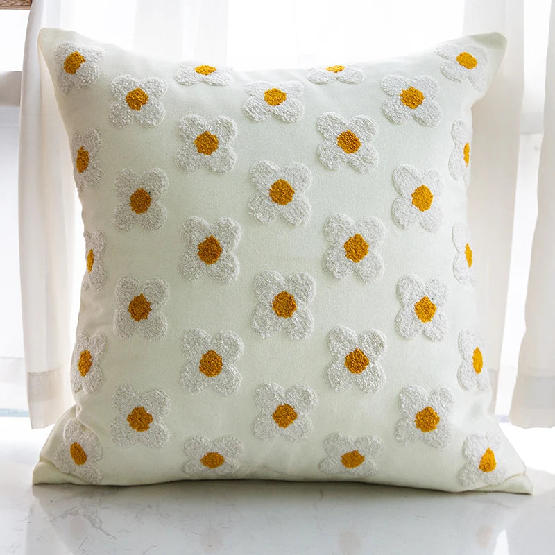 Nordic Floral Embroidery Pillow – Soft Cotton and Polyester Cushion for Sofa & Bedroom