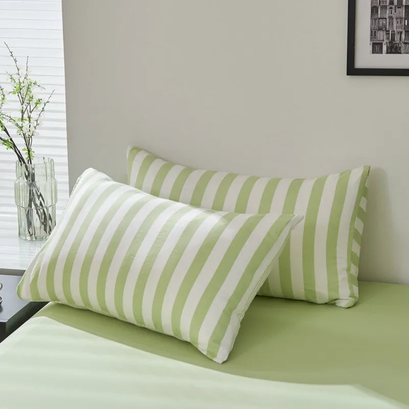 Green Boho Striped Microfiber Bedding Set – 4-Piece Soft & Cozy Duvet Cover Set with Pillowcases & Flat Sheet