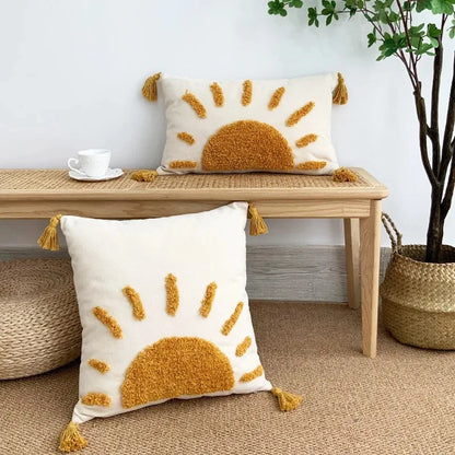 Boho Home Decor Yellow Sun Tufted Embroidered Pillowcase – Decorative Throw Pillow Cover For Living Room