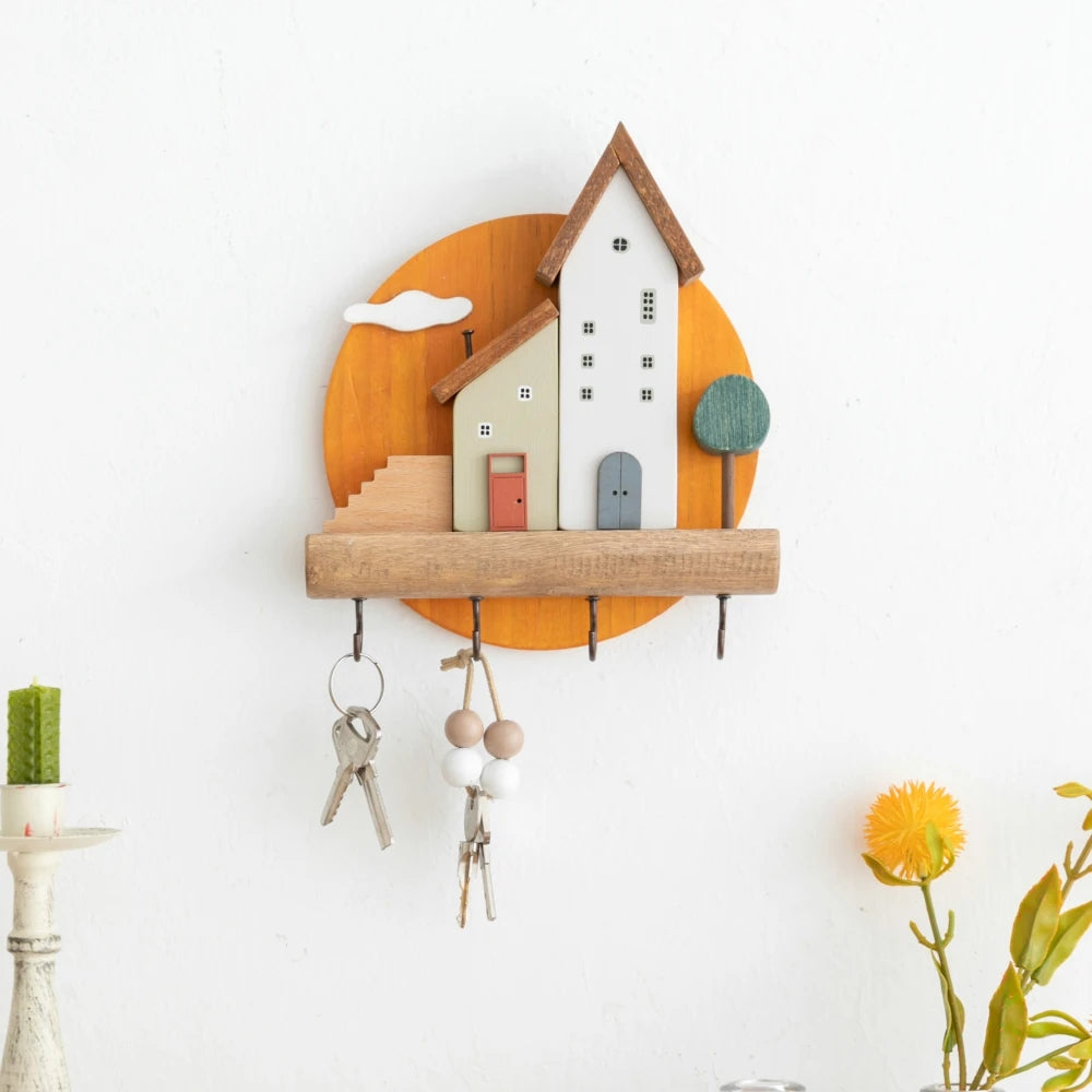 🏡 Fairytale Town Wall Hook Rack – Boho Wooden Key Holder & Decorative Village Scene Organizer