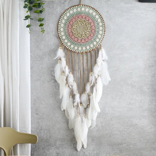 Colorful Woven Round Dreamcatcher Wall Hanging with Feather Tassels – Handcrafted Boho Home Decor for Bedroom or Living Room | Housewarming Gift