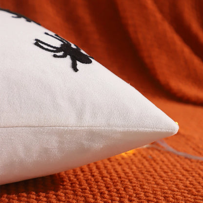 Halloween Pumpkin & Ghost Embroidered Velvet Pillow Cover – Festive Throw Cushion for Sofa, Bed & Home Decor