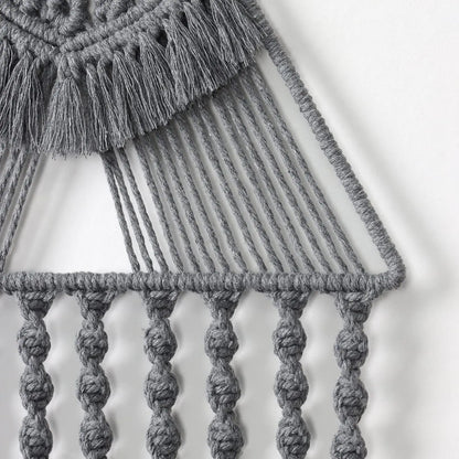Gray macrame wall hanging with intricate patterns on a white background boho home decor, macrame wall hanging, triangle dream catcher, woven tapestry, handmade cotton wall decor, tassel wall hanging, bedroom door decor, housewarming gift, rustic bohemian art, boho apartment wall decor, neutral textile art
