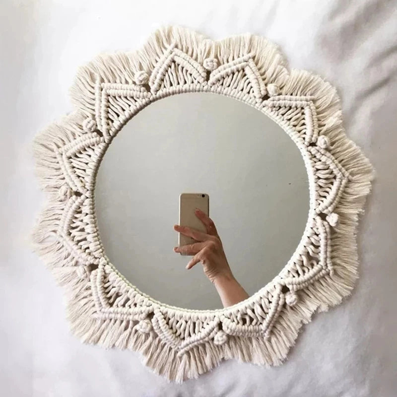 Wall Circle Mirror Macrame Boho Home Decor Mirrors for Bedroom Baby Room Decoration Nursery Sun Star Shaped