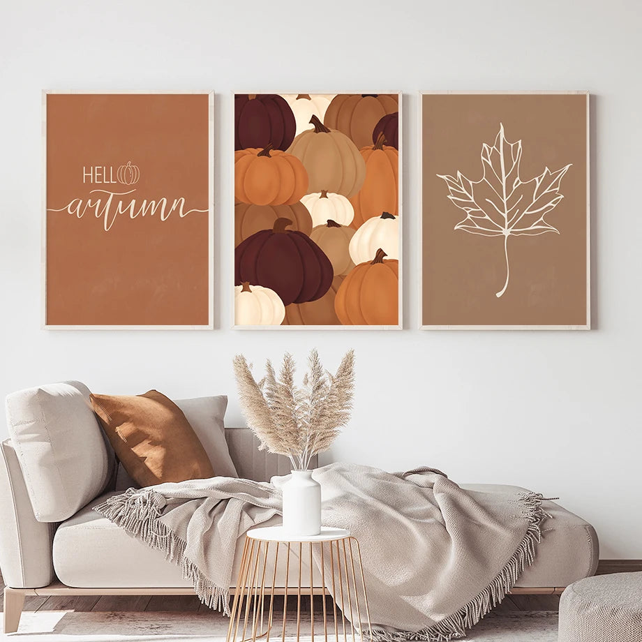 Rustic Fall Poster Set – Minimalist Autumn Leaves & Pumpkin Canvas Wall Art for Seasonal Home Decor