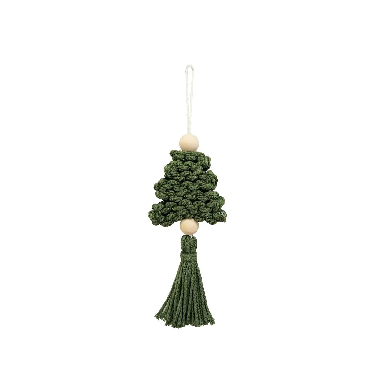 Green woven tree ornament with tassel and measurement details on a white background