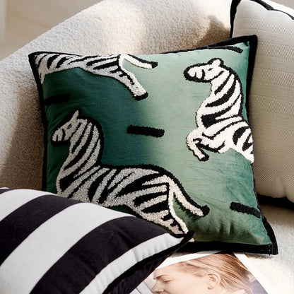 My Boho Home Nordic Embroidered Animal Pillow Cover – Modern Boho Plush Cushion for Couch, Bed or Nursery Zebras