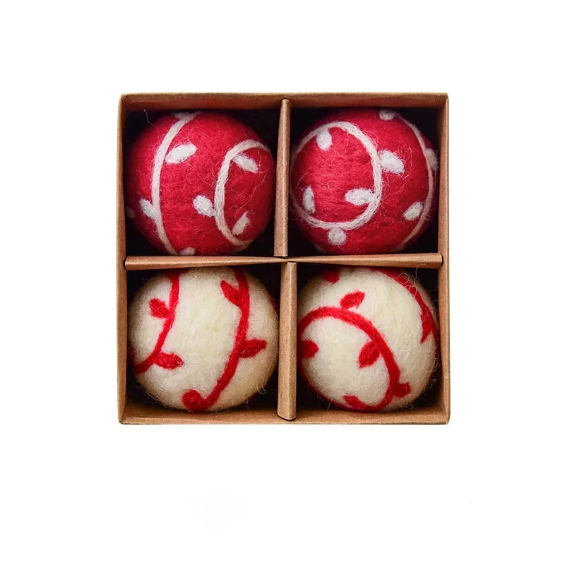 Four red and white spherical felt wool Christmas ornaments in a box with text indicating size and set type.