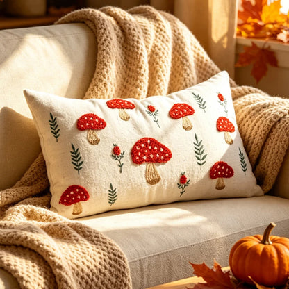 A square cream throw pillow with embroidered red and white mushrooms and green leaves, styled on a beige sofa with a chunky knit blanket and autumn decor. Boho fall home decor.
