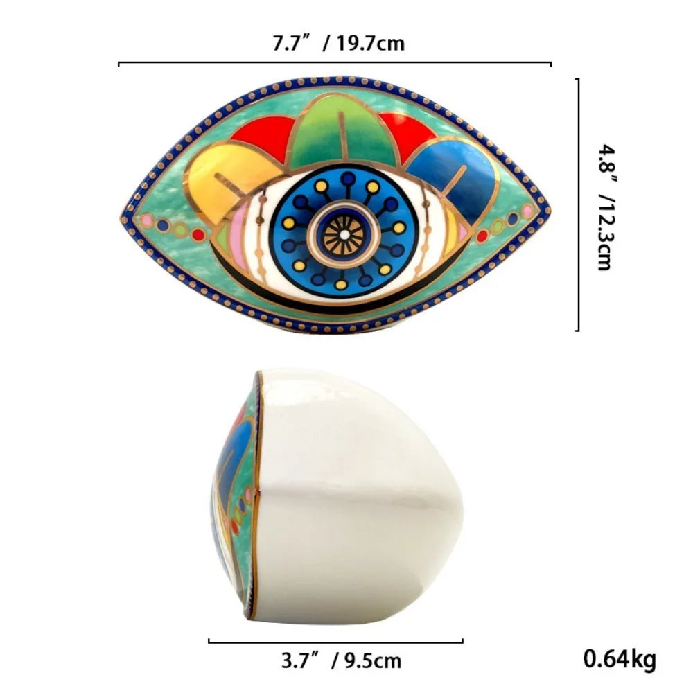 Moroccan Turkish blue evil eye ceramic figurine, unique bohemian home decor accent perfect for eclectic and boho home styles, adds soulful vibes and a cozy touch to any room, great for gifting as a boho home decor gift or housewarming present.