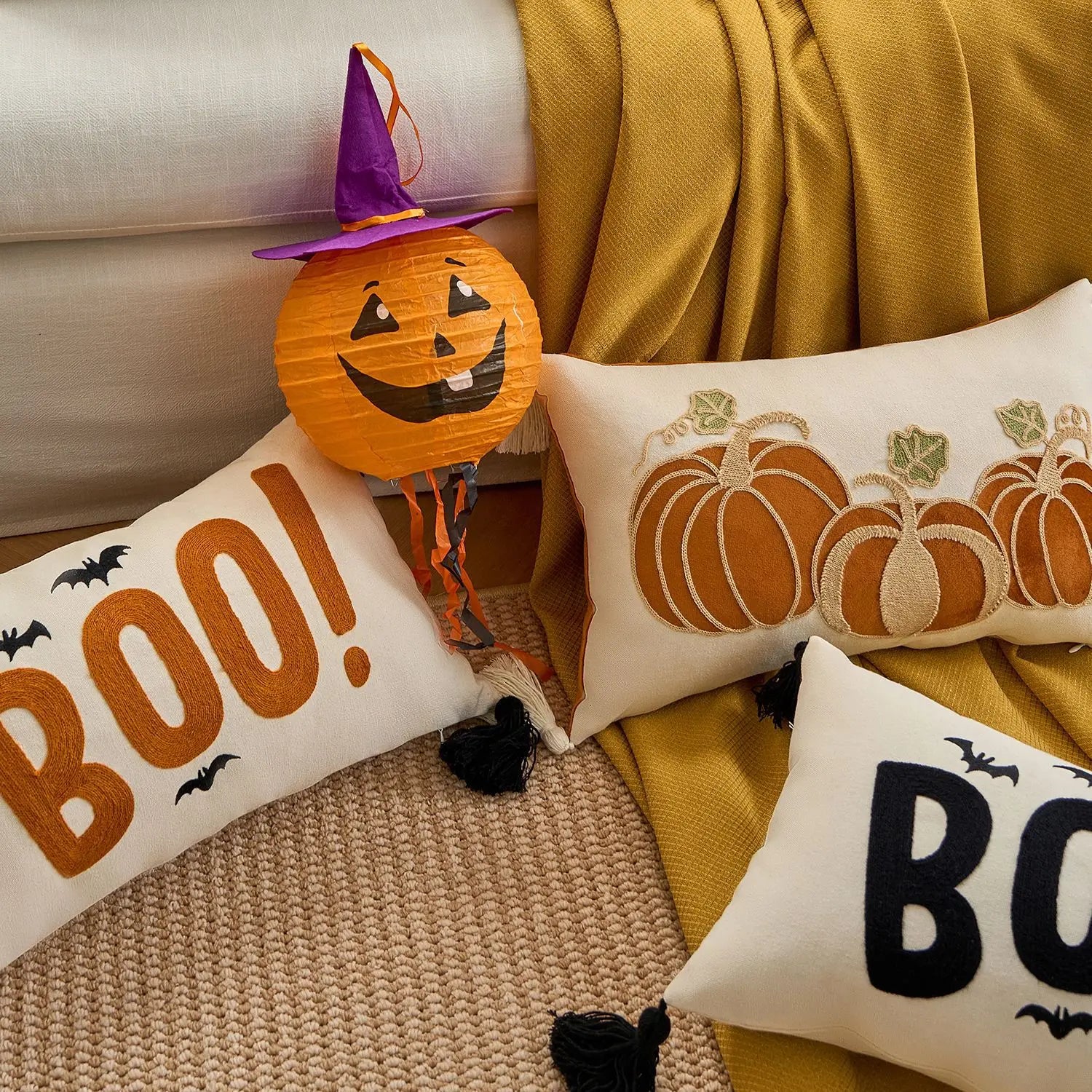 Halloween maple pumpkin throw pillow cover with festive lettering, autumn-themed decorative cushion for sofa, bed, and seasonal home decor