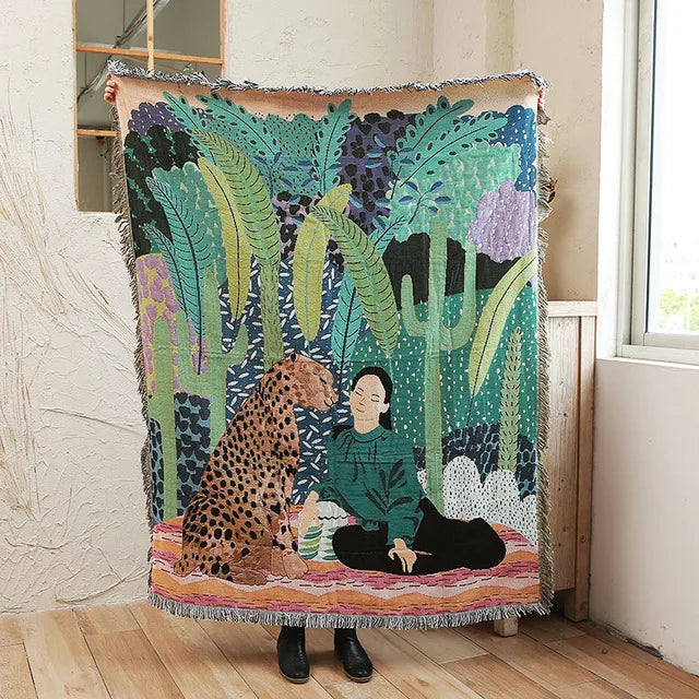 Boho Tassel Throw Blanket Girl and Cheetah