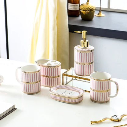Ivory Porcelain & Gold-Plated Ceramic Bathroom Set – Pink Stripes