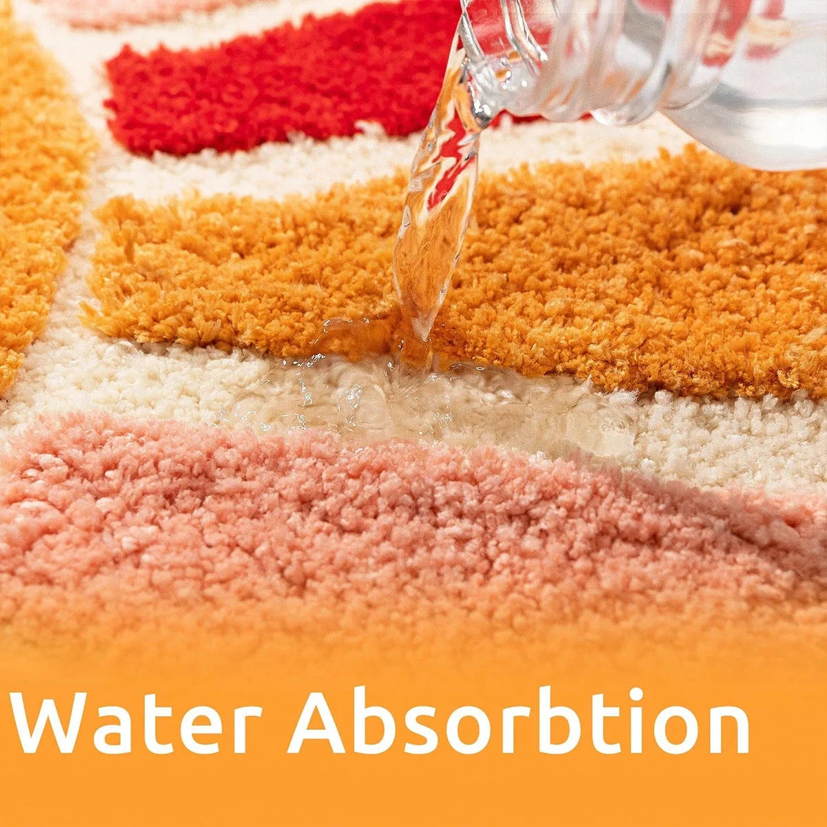 Pouring water onto a multicolored carpet with text about water absorption. boho home decor, sunflower door mat, half circle rug, plush entry mat, non-slip bath mat, boho floor mat, floral floor rug, bathroom rug, farmhouse decor, cozy home gift, housewarming gift, living room mat, pastel home accents, cute doormat