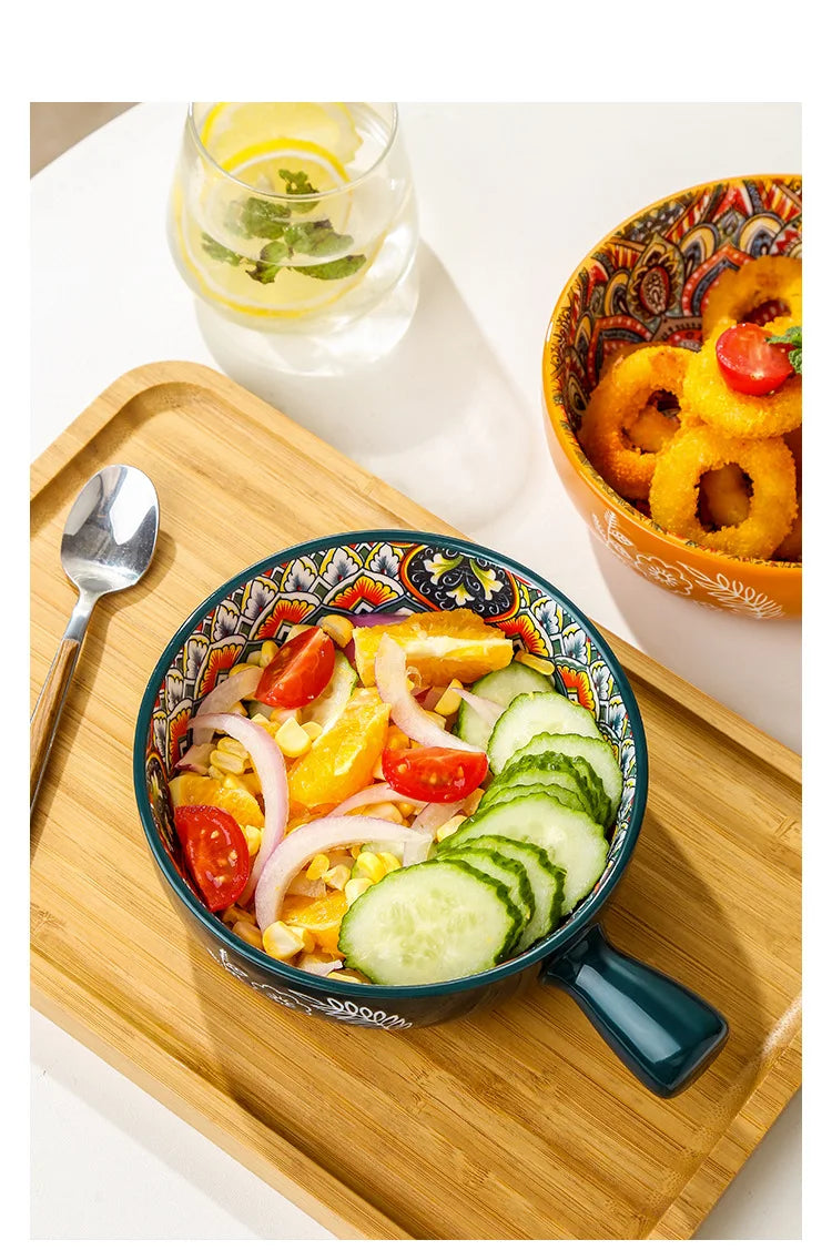 Bohemian Ceramic Single Handle Bowl – Artistic Bowl for Soups, Noodles & More