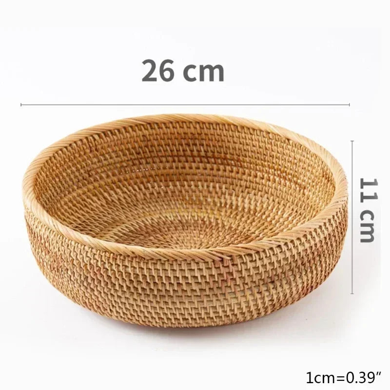 Woven basket with dimensions labeled on a white background boho home decor, rattan basket, handwoven wicker basket, fruit storage box, bread basket, picnic basket, natural storage bin, tea storage box, rustic home organization, farmhouse decor, housewarming gift, boho storage basket