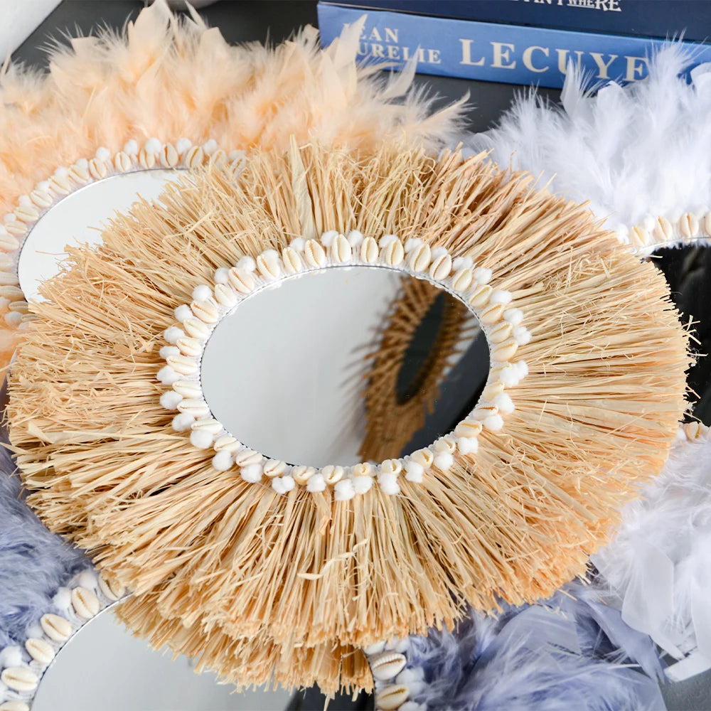 Round mirror with raffia and bead design on a decorative surface boho home decor, boho wall mirror, macrame wall mirror, nordic decor, romantic wedding wall decoration, housewarming gift, round straw mirror, woven wall decor, tapestry mirror, boho bedroom wall accent, rustic mirror wall hanging