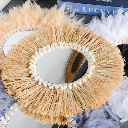Round mirror with raffia and bead design on a decorative surface boho home decor, boho wall mirror, macrame wall mirror, nordic decor, romantic wedding wall decoration, housewarming gift, round straw mirror, woven wall decor, tapestry mirror, boho bedroom wall accent, rustic mirror wall hanging