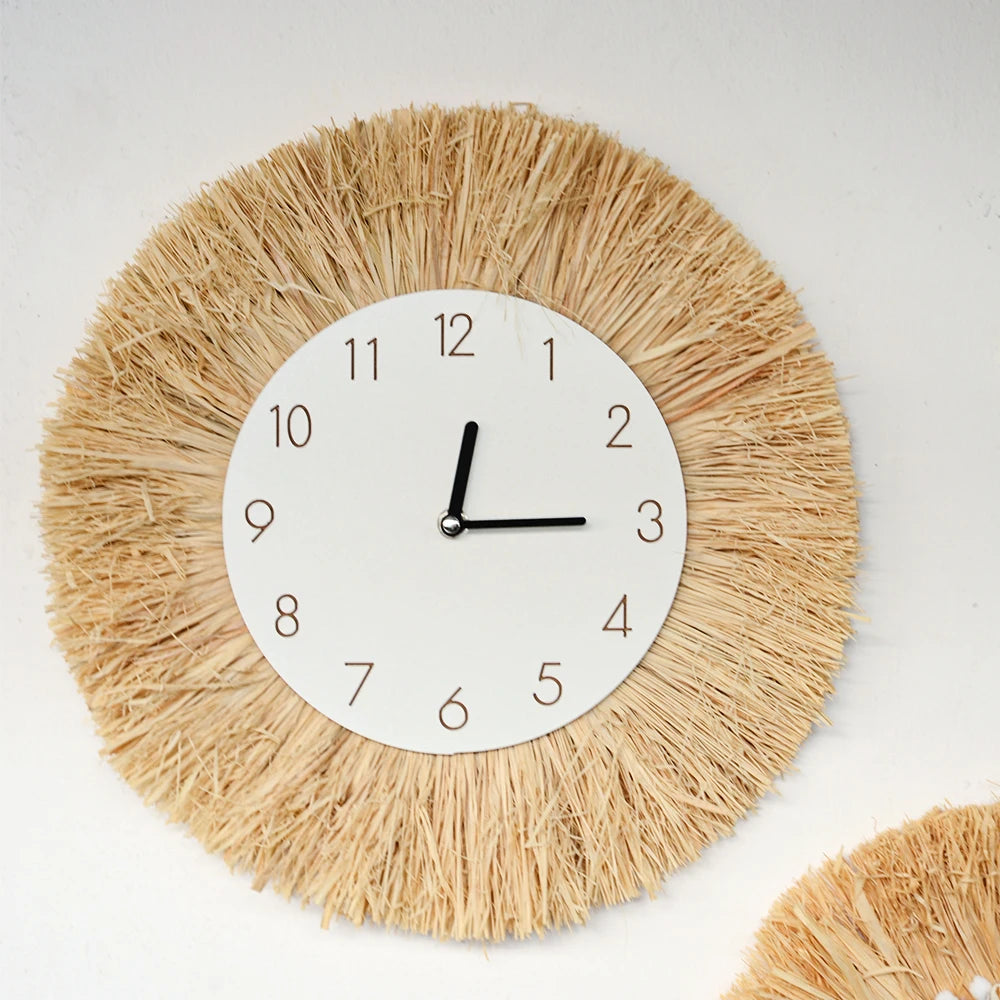 Round wall clock with natural straw-like rim on a white background boho home decor, boho wall mirror, macrame wall mirror, nordic decor, romantic wedding wall decoration, housewarming gift, round straw mirror, woven wall decor, tapestry mirror, boho bedroom wall accent, rustic mirror wall hanging