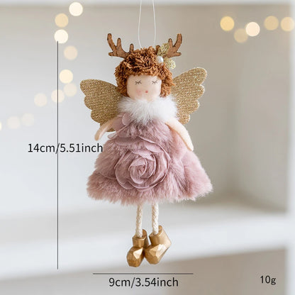 Decorative angel doll Christmas Ornament with antlers and gold wings on a neutral background