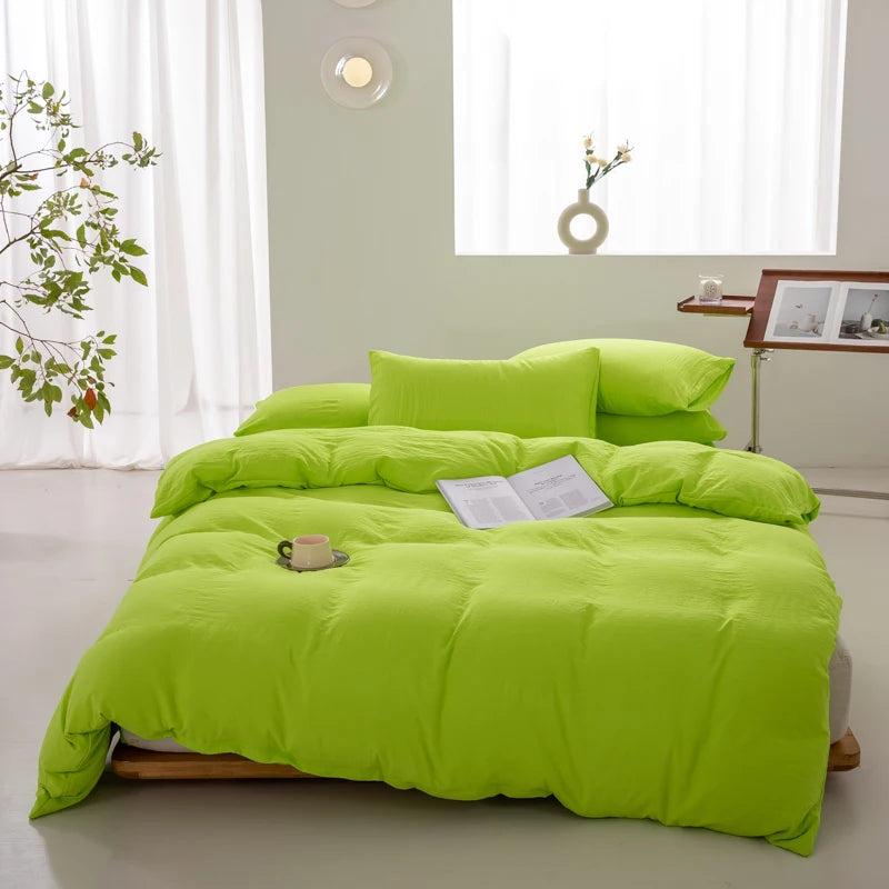 Bright Green Boho Minimalist Washed Cotton Duvet Cover – Soft, Breathable & Cozy Quilt Cover for Home 