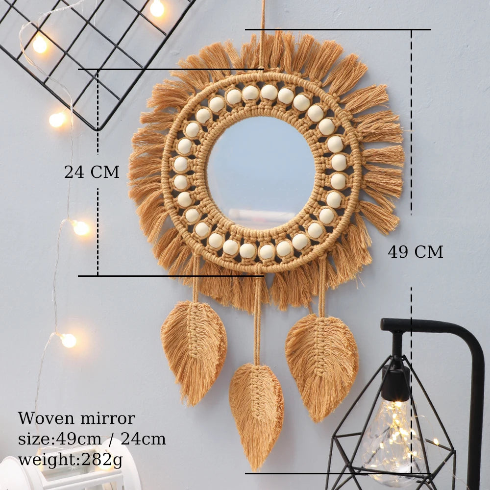 Boho Round Macrame Wall Mirror – Handwoven Decorative Hanging Mirror