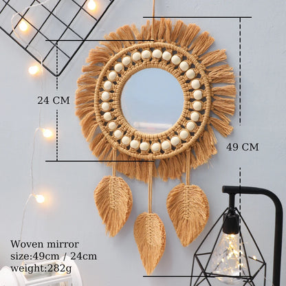 Boho Round Macrame Wall Mirror – Handwoven Decorative Hanging Mirror