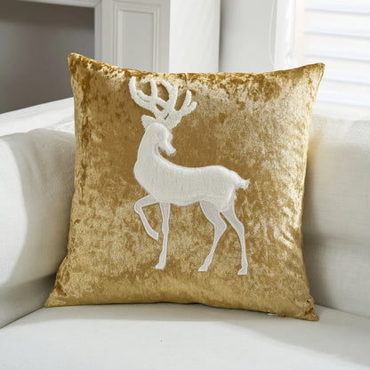 Gold pillow with a white deer design on a white couch. Christmas embroidered pillow cover in gold, 18x18 inch festive cushion case for sofa, bed, or holiday home décor. Christmas Gift Ideas