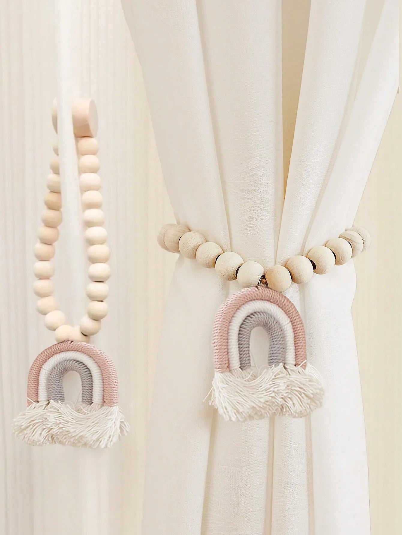 Magnetic Rainbow Macrame Curtain Tiebacks – Wooden Bead & Hemp Rope Holdbacks for Boho Home Decor