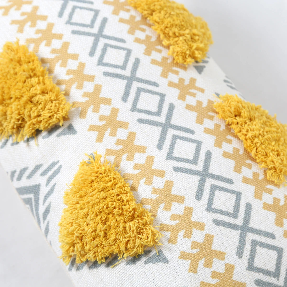 Yellow Geometric Tufted Throw Pillow Cover with Tassels – 18x18in Boho Home Decor Accent for Couch, Sofa & Bed Housewarming Gift