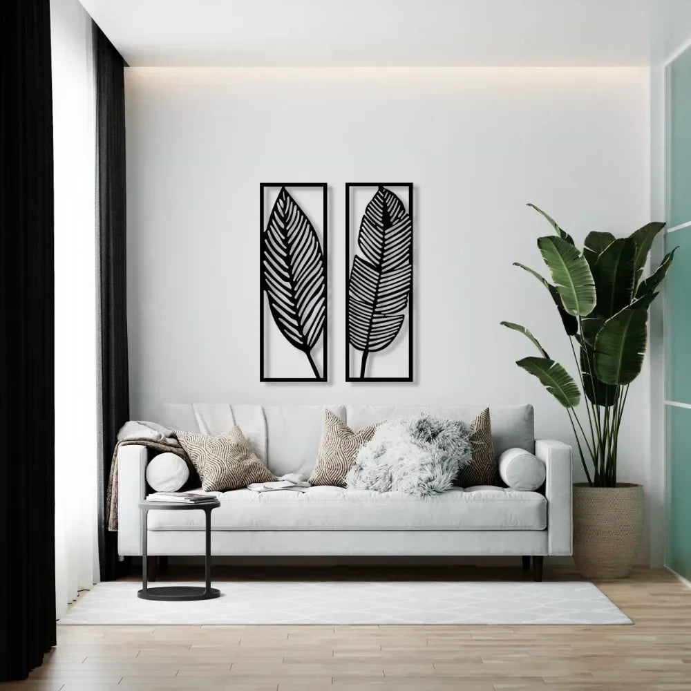 Decorative Leaves Metal Wall Art Set of 2 / 1Pc Surfboard for Home Wall Decor Black Metal Hanging Leaf Boho