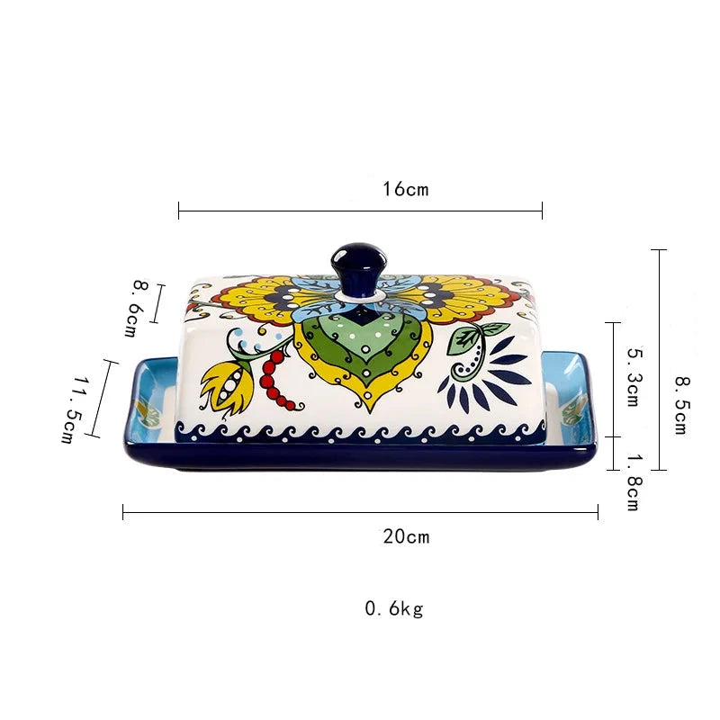 bohemian style floral butter dish with dimensions