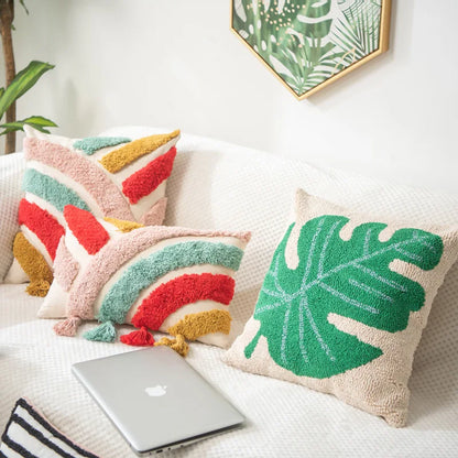 Vibrant Tufted Geometric Nature Embroidered Cushion Cover – Boho Patchwork Throw Pillow