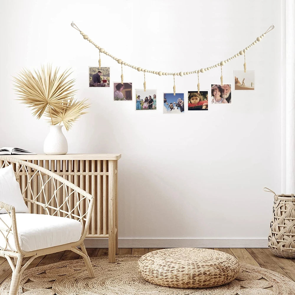 Boho Wall Hanging Photo Display with Wooden Beads & Clips – Rustic Collage Picture Holder Decor